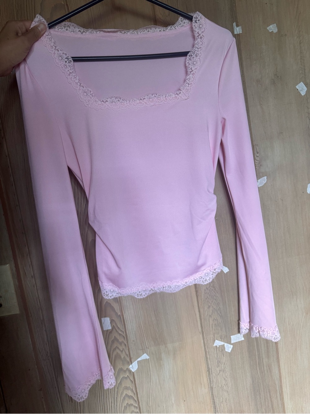 SHEIN Pink Lace-Trim Long Sleeve Square Neck Top
